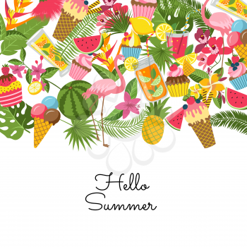 Vector flat cute summer elements, cocktails, flamingo, palm leaves background with place for text illustration. Tropical flamingo, cocktail and exotic palm