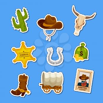 Vector cartoon wild west elements stickers set illustration. Wild west star sheriff badge and different elements