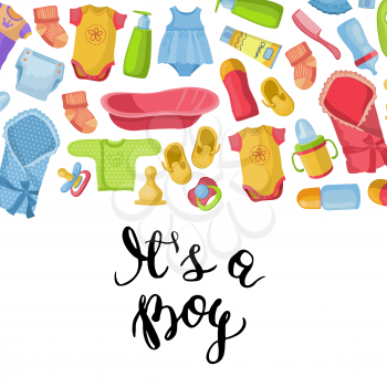Vector it is a boy illustration banner and poster with lettering and baby accessories