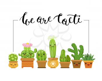 Vector horizontal illustration with frame and a bunch of cacti in pots in flat style and with lettering