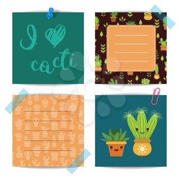 Vector notes set with lettering and cacti elements in pots flat style illustration