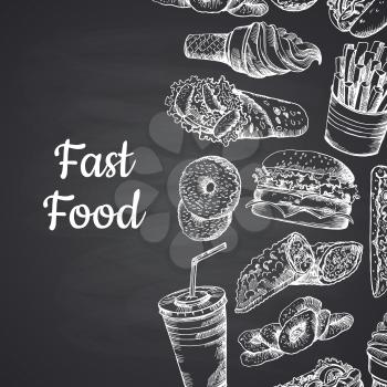 Vector illustration with white fast food hand drawn contour elements on black chalkboard background