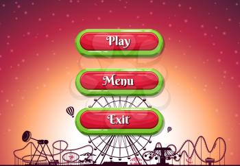 Vector cartoon style contoured buttons with text for game design on amusement park background. Menu with play and exit buttons element for ui illustration