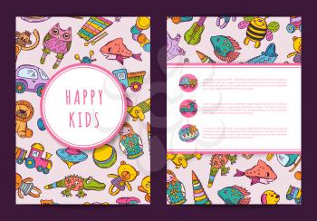 Vector card template with place for text and hand drawn children toys on background illustration