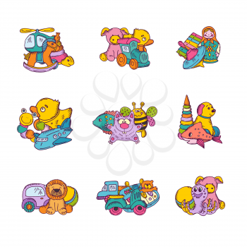 Vector set of kid toys piles hand drawn and colored illustration