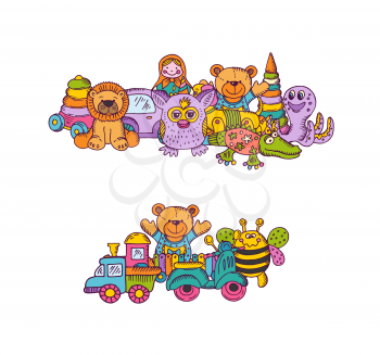 Vector set of big kid toys piles hand drawn and colored isolated on white background. Illustration of toy kid for play, hand sketch bear and pyramid