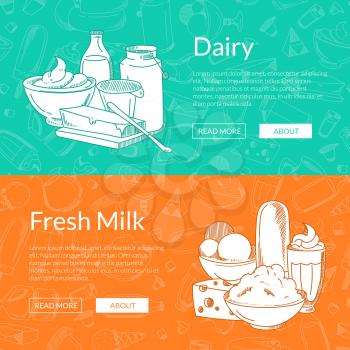 Vector horizontal banners with place for text and hand drawn dairy products gathered together on dairy pattern background illustration