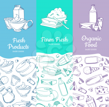 Vector vertical banners or posters with sketched dairy goods and place for text illustration