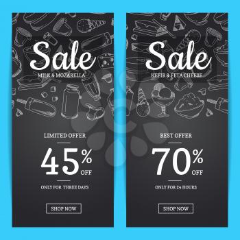 Vector sale banner templates with place for text and sketched milk products on chalkboard background illustration