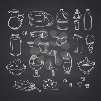 Vector milk or dairy products set hand drawn and isolated on black chalkboard illustration