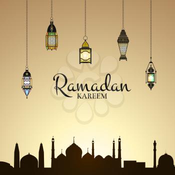 Vector Ramadan illustration with lanterns and arabic city silhouette with gradient sky background and place for text