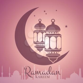 Vector Ramadan illustration with lanterns around the moon with arabic city silhouette and place for text. Arabian islamic kareem celebration concept