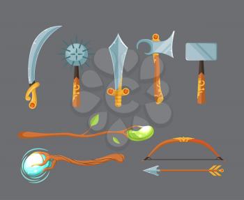 Vector set of fantasy cartoon game design swords, axes, staffs and bow weapon isolated on grey background. Illustration of medieval weapon and magic staff