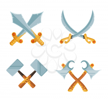 Vector set of cartoon game design crossed sword and axe weapons isolated on white background. Military vintage cross hammer illustration