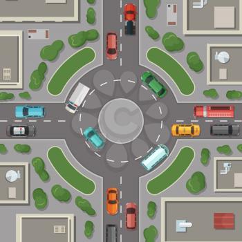 Vector city buildings, roads and cars top view illustration. Road round crossroad, intersection top view street