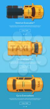 Vector order taxi app screens with different taxi cars top view for tablet template. Taxi car service, transportation cargo and evacuator banner illustration