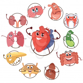 Funny medical icons of organs, heart, lungs, stomach. Set of round avatars cartoon characters of internal organs. Kidney and lung, brain and liver, bladder and heart. Vector illustrations