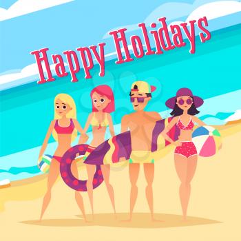 Happy holidays. Group of young people on beach. Summer vacation on sea. Vector illustration