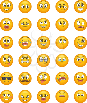 Emoticon set with different funny emotions. Vector character set of emotion funny cartoon, smile and happy face illustration
