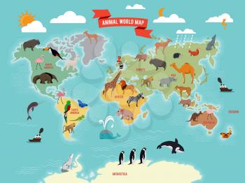 Illustration of wildlife animals on the world map. Vector illustrations set. World map with animals from america, asia, antarctica and eurasia