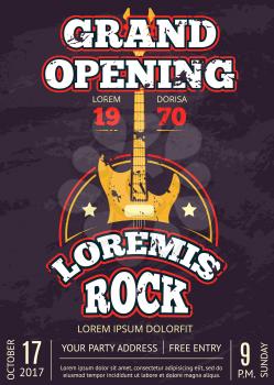 Retro opening rock music club, shop, sound record studio vintage poster with shabby rock music guitar logo. Grand opening music club with rock concert illustration