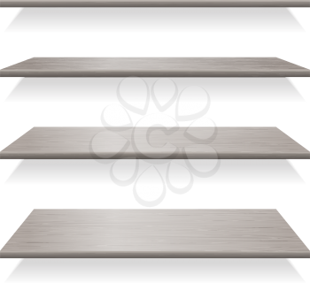 Gray wood shelves with shadows. Shelf wood for interior, empty furniture, vector illustration