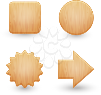 Set of wooden sale tags. Wood texture board arrow and round form. Vector illustration