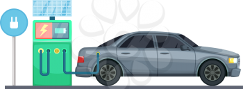 Vector illustration of electrical car charging station. Electric car charging, eco green energy