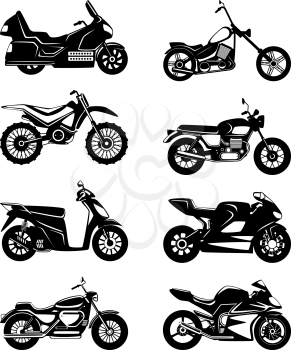 Silhouette of motorcycles. Vector monochrome illustrations set. Black white motorbike speed, chopper transport