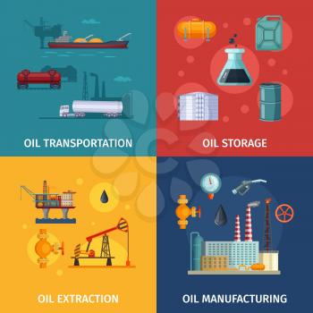 Concept pictures of oil manufacturing. Fuel exploration and extraction, petroleum manufacture, vector illustration