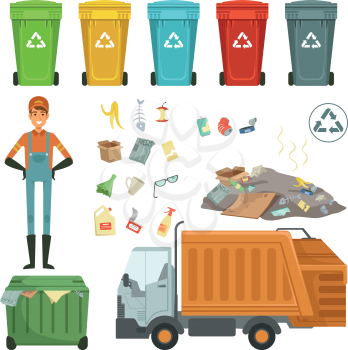 Plastic containers for different trashes. Vector illustration of garbage harvester and dustman. Color container for garbage and trash, rubbish and dustbin