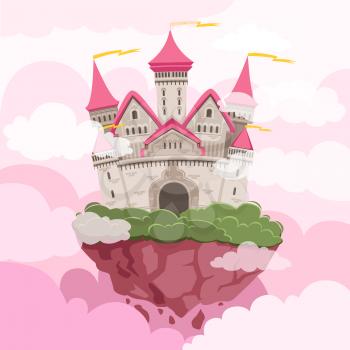 Fairytale castle with big towers in the sky. Fantasy landscape background. Fantasy castle with tower in sky and pink clouds. Vector illustration