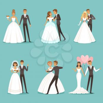 Beautiful wedding couple characters. Bride and groom. Wedding bride and groom couple love, vector illustration