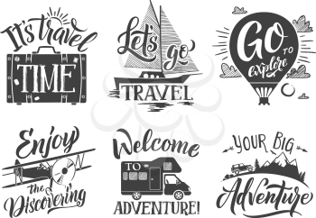 Monochrome travel labels set with hand writing words and letters. Adventure vector symbols. Travel adventure emblem, badge and label explore illustration