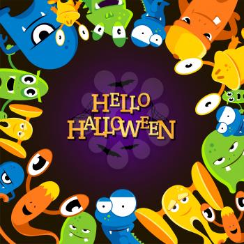 Cute cartoon halloween background with funny monsters. Vector illustration. Colored halloween monster cartoon, character creature face mutant