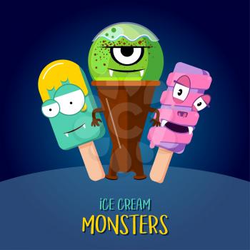 Ice cream vecton character design. Banner with three monsters set illustration