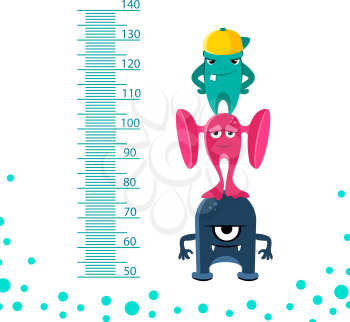 Meter wall or height meter from 50 to 140 centimeter with cute monsters. Height measurement on meterwall centimeter, vector illustration