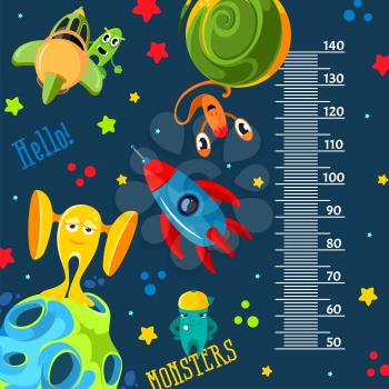 Funky monsters with a rockets and planets in space. Stadiometer vector illustration