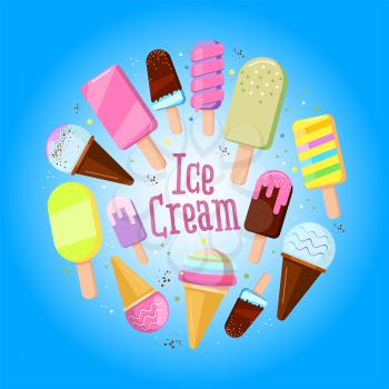 Festive round frame made of ice-creams with sample text. Vector ice cream summer dessert badge round,illustration