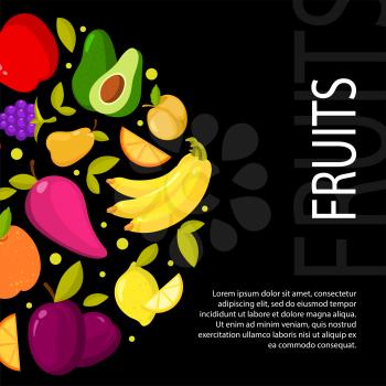 Fruits on black background. Illustration with space for your text. Fruits banner vector