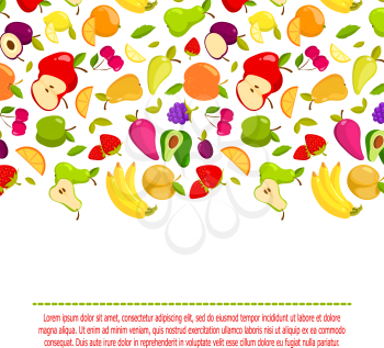 Vector cartoon fruits background with space for your text. Banner with natural fresh food illustration