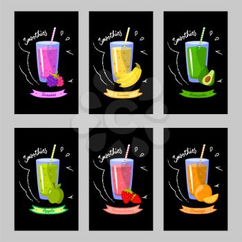 Set of cards with different smoothies on a black background. Collection of smoothie fruits menu card strawberry and orange, vector illustration