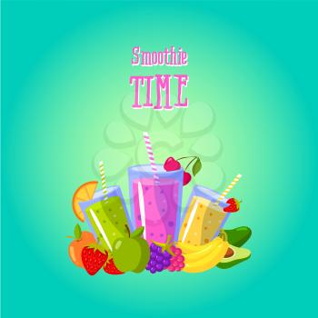 Smoothies time. Vector illustration with different smoothies and fruits. Banner wuth fruits juice