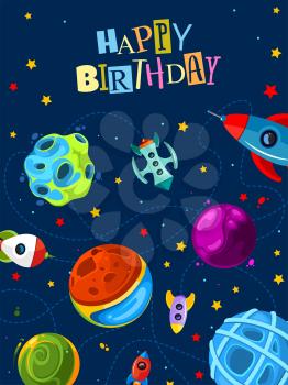 Happy birthday gift card with cute planets and rockets. Happy birthday kids poster with rocket and star. Vector illustration