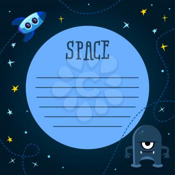 Spaceship background with space for your text in cartoon style. Banner template space, vector illustration
