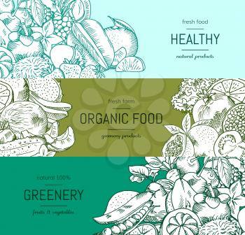 Vector doodle handdrawn vegetables and fruits vegan, healthy food banner set. Collection of fruit and vegetable organic and healthy illustration
