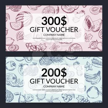 Vector handdrawn doodle fruits and vegetables gift voucher templates. Gift card design illustration
