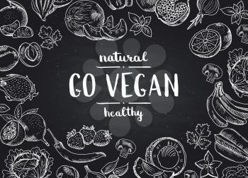 Vector go vegan blackboard background with doodle hand drawn fruits and vegetables. Illustration of vegan food chalkboard