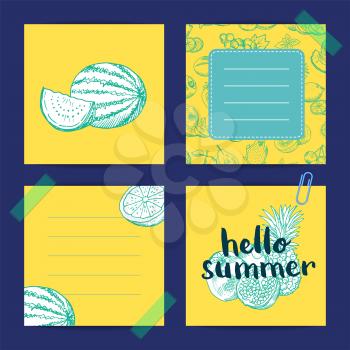Vector square doodle handdrawn fruits cute note templates set. Banner hello summer illustration
