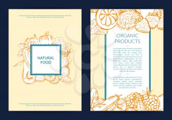 Vector handdrawn fruits and vegetables card, brochure, flyer template with frames illustration